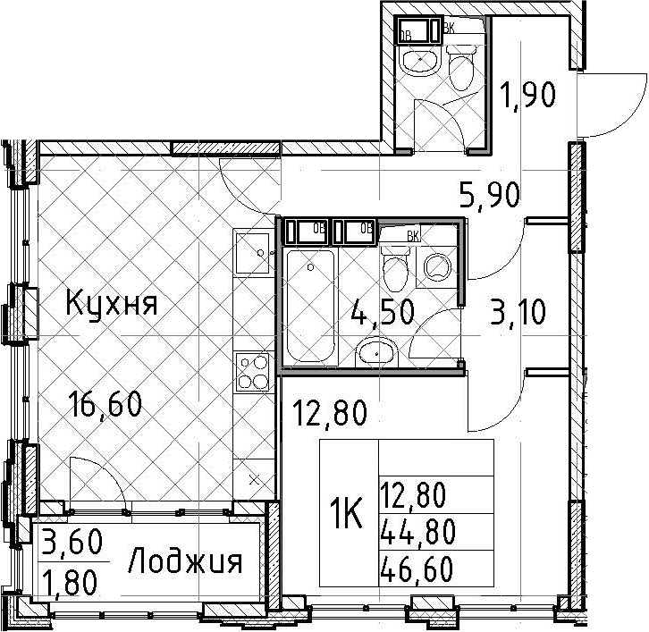 1-комнатная квартира 46.6 м², 5/13 эт., ЖК «Тайм Сквер»
